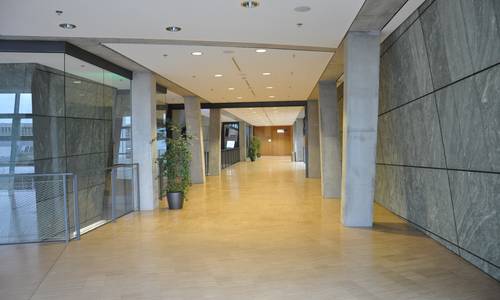 Foyer 3.11 Blick über die Brücke im Foyer 3.11, die zu den Aufzügen der dritten Konferenzebene führt. Hinter der Wand zur rechten Seite befindet sich der Konferenzraum ferrum, zur linken Seite der große Saal spectrum. Die Brücke wird beidseitig von einem Metallgeländer begrenzt. Grüne Pflanzen befinden sich auf der Brücke.